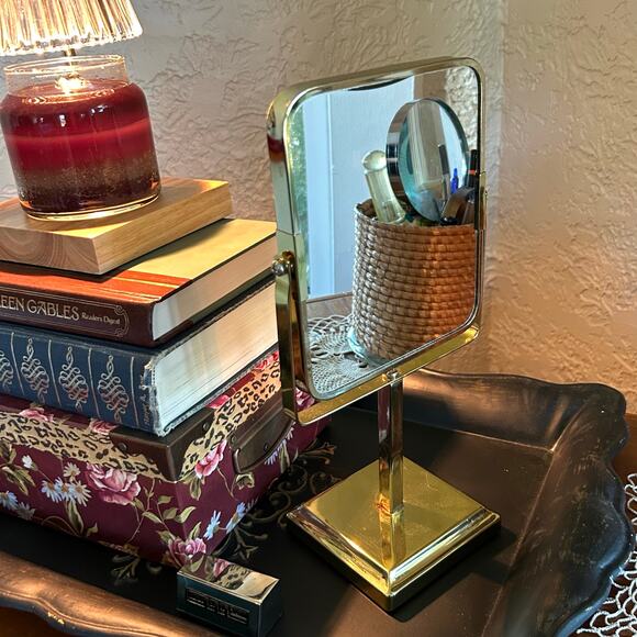 Mid-Century Brass Vanity Mirror on Pedestal Stand – Rectangular Tilt Design - Picture 9 of 14